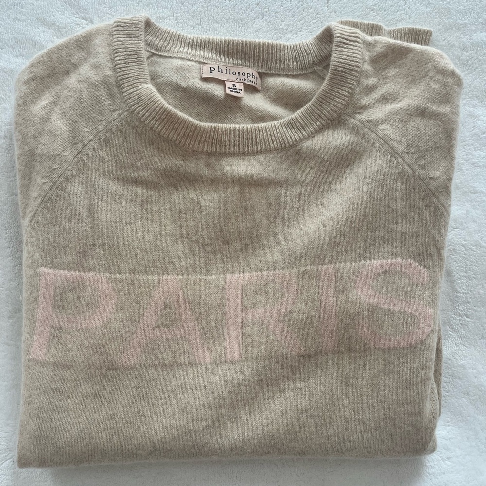 Philosophy Beige cashmere Sweater with Pink Paris Text, size Small
